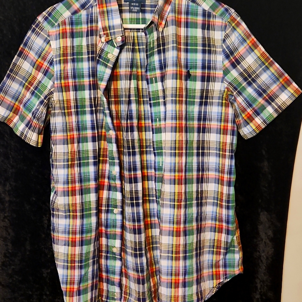 Ralph Lauren Boys Button Shirt Size medium 10-12 Embroidered Pony Blue Plaid
